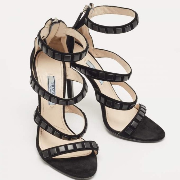Prada Suede Studded Black Ankle Strap Sandals - Picture 3 of 5